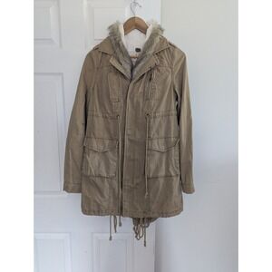 Free People We The Free Tan Utility Jacket Removable Liner‎ Sz XS Faux Fur Trim